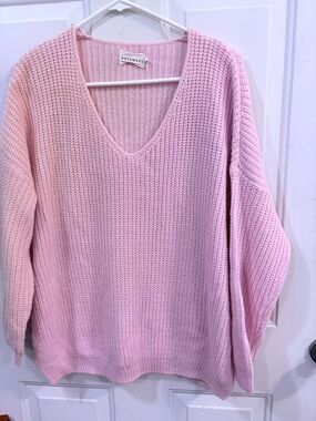 Dreamers Light Pink V-Neck Oversized Knit Sweater